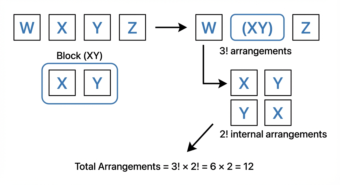 A diagram showing letters W, X, Y, Z. Then showing X and Y being circled and treated as one block '(XY)'. The arrangements are then shown for W, (XY), Z, which is . An arrow then points from the (XY) block to show its internal arrangements X, Y and Y, X, which is . The final calculation is shown as .