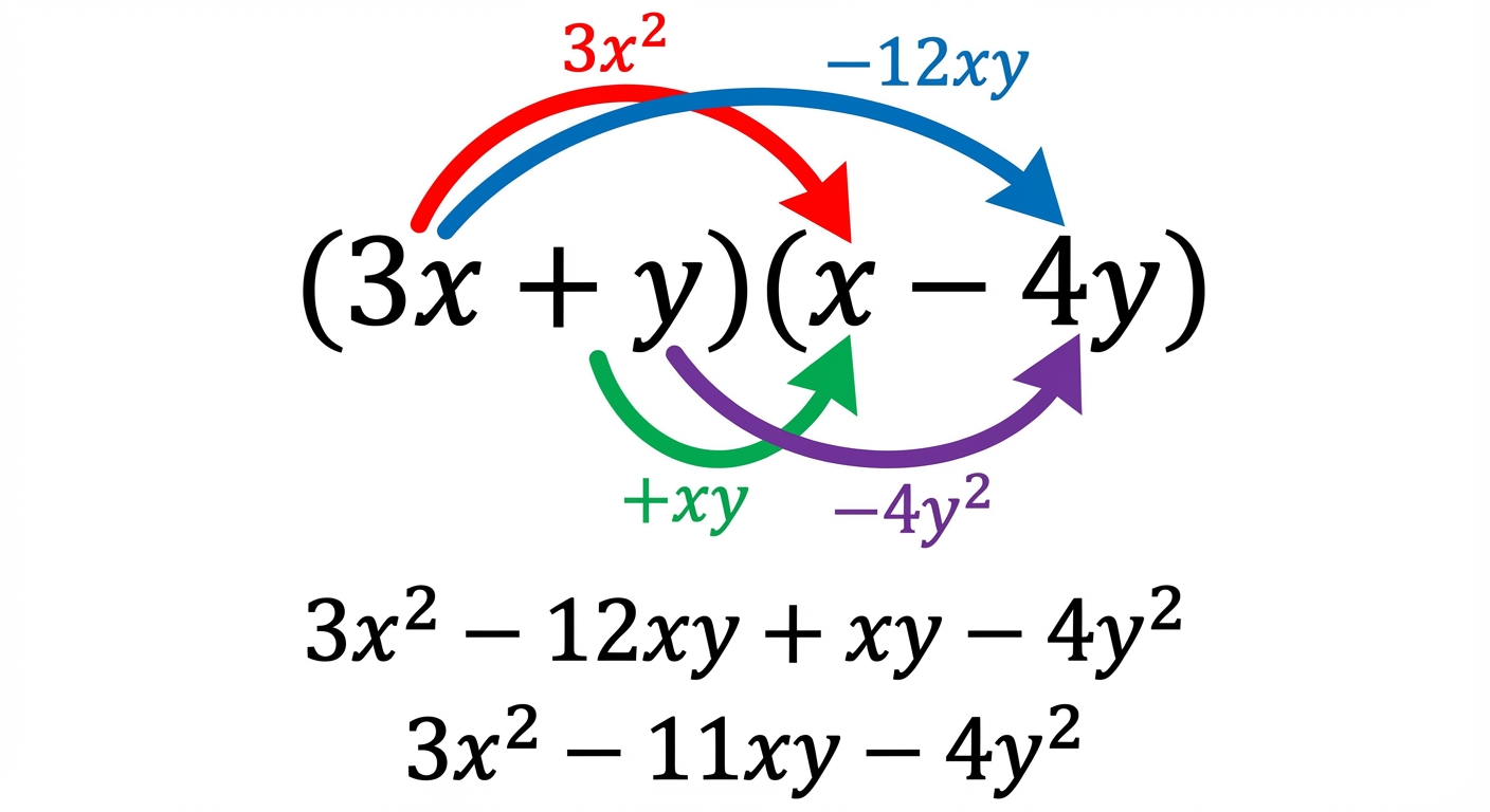 A diagram showing the 'crab claw' or 'FOIL' method for expanding two brackets, with arrows connecting (3x) to (x), (3x) to (-4y), (y) to (x), and (y) to (-4y).