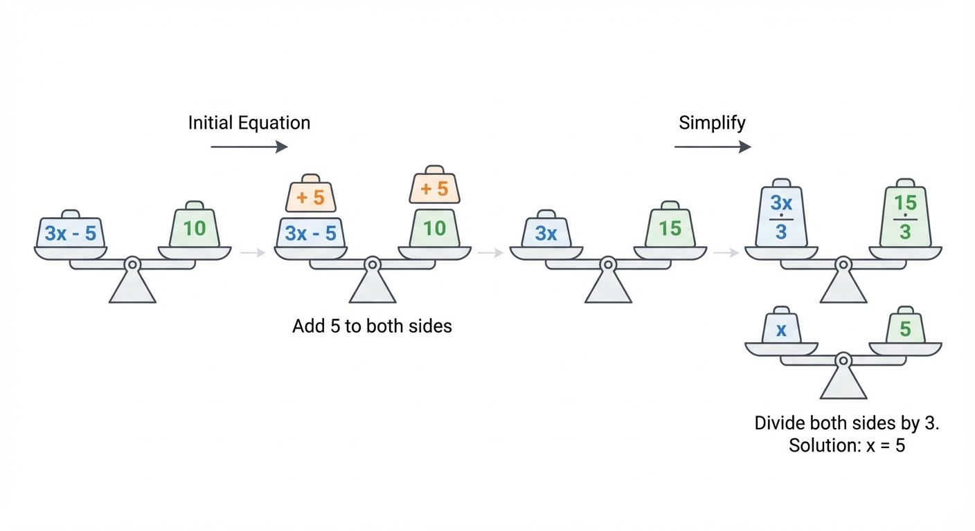 A balancing scale with '3x - 5' on one side and '10' on the other, showing the steps to isolate 'x'.