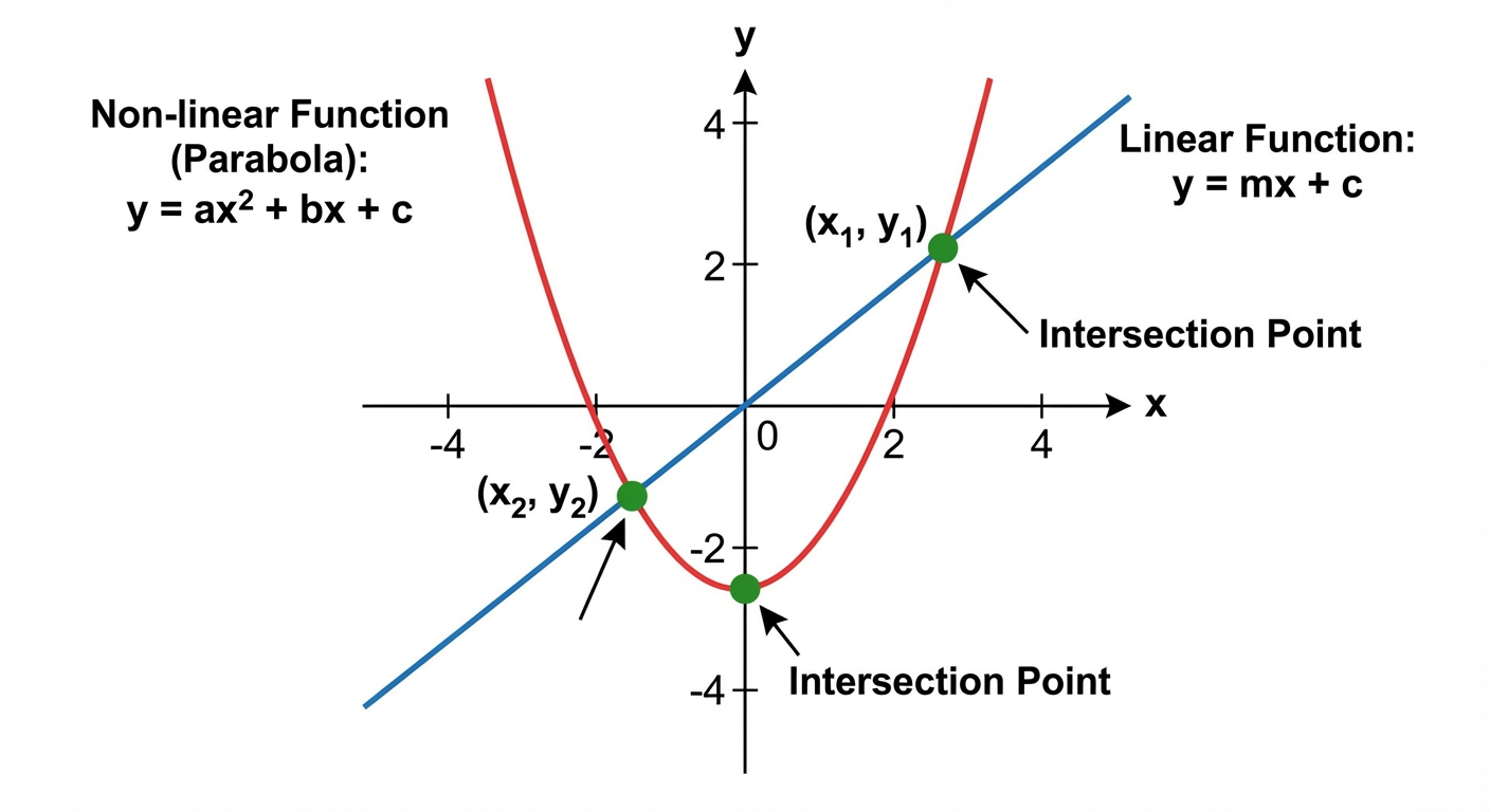 A graph showing a straight line (linear) intersecting a parabola (non-linear) at two points.