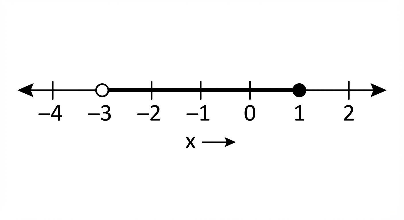 A number line showing the solution to -3 < x ≤ 1. There is an open circle at -3, a closed circle at 1, and the line segment between them is shaded.