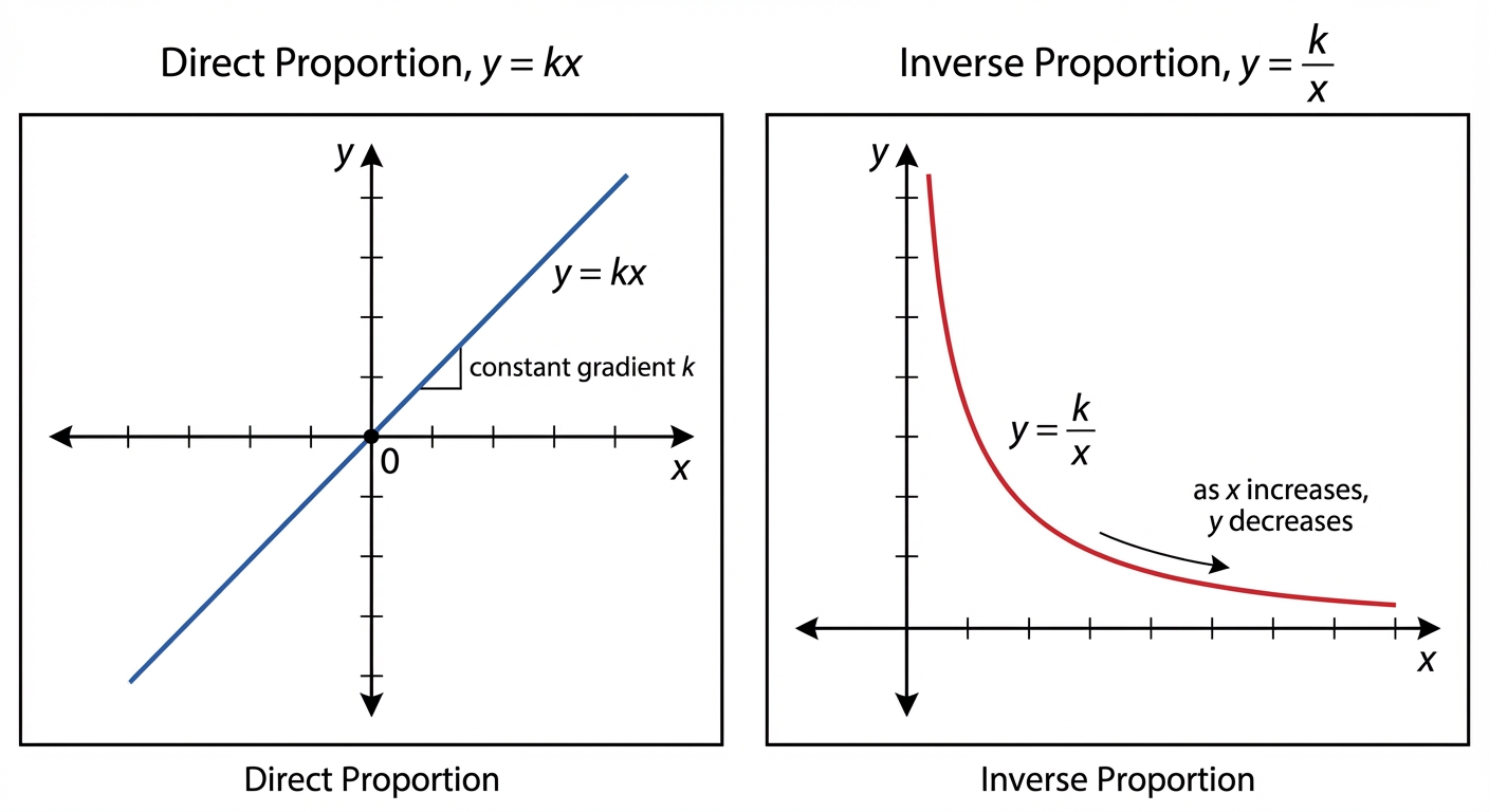 A split-screen image showing two graphs. On the left, a straight line passing through the origin, labelled 'Direct Proportion, y = kx'. On the right, a reciprocal curve in the first quadrant, labelled 'Inverse Proportion, y = k/x'.