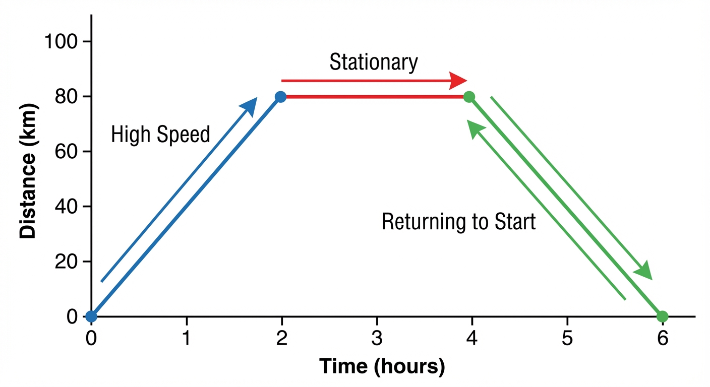 A distance-time graph with annotations. A steep positive slope is labelled 'High Speed', a zero slope is 'Stationary', and a negative slope is 'Returning to Start'.