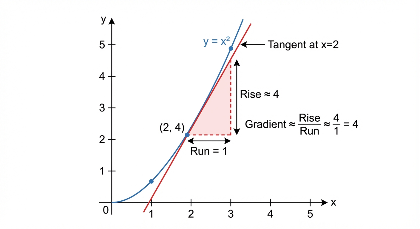 A graph of a curve like y=x^2 with a tangent line drawn at x=2. The tangent's rise/run triangle is shown to estimate the gradient.