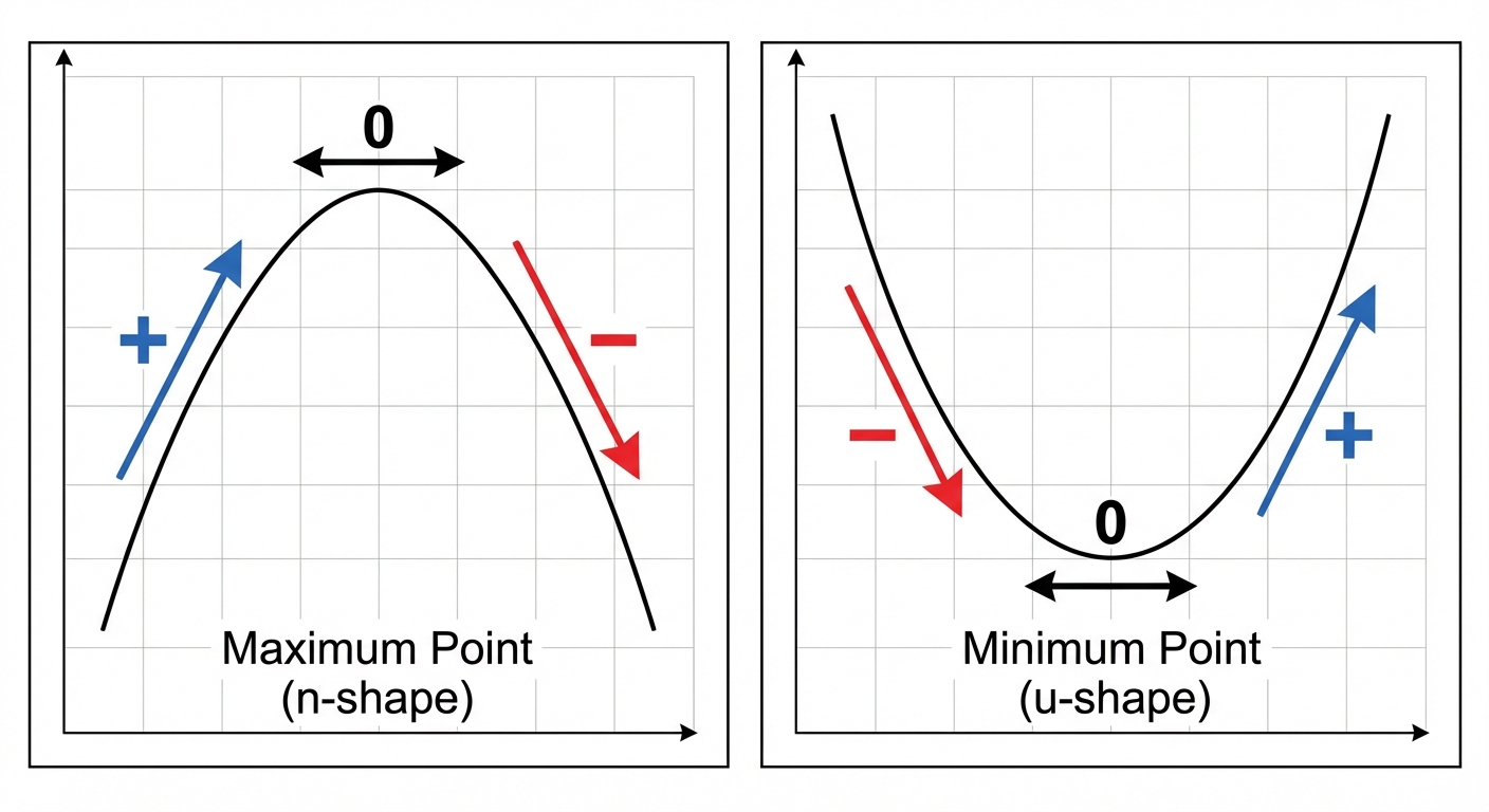 Two simple diagrams side-by-side. One shows a maximum 'n' shape with gradient signs +, 0, -. The other shows a minimum 'u' shape with signs -, 0, +.
