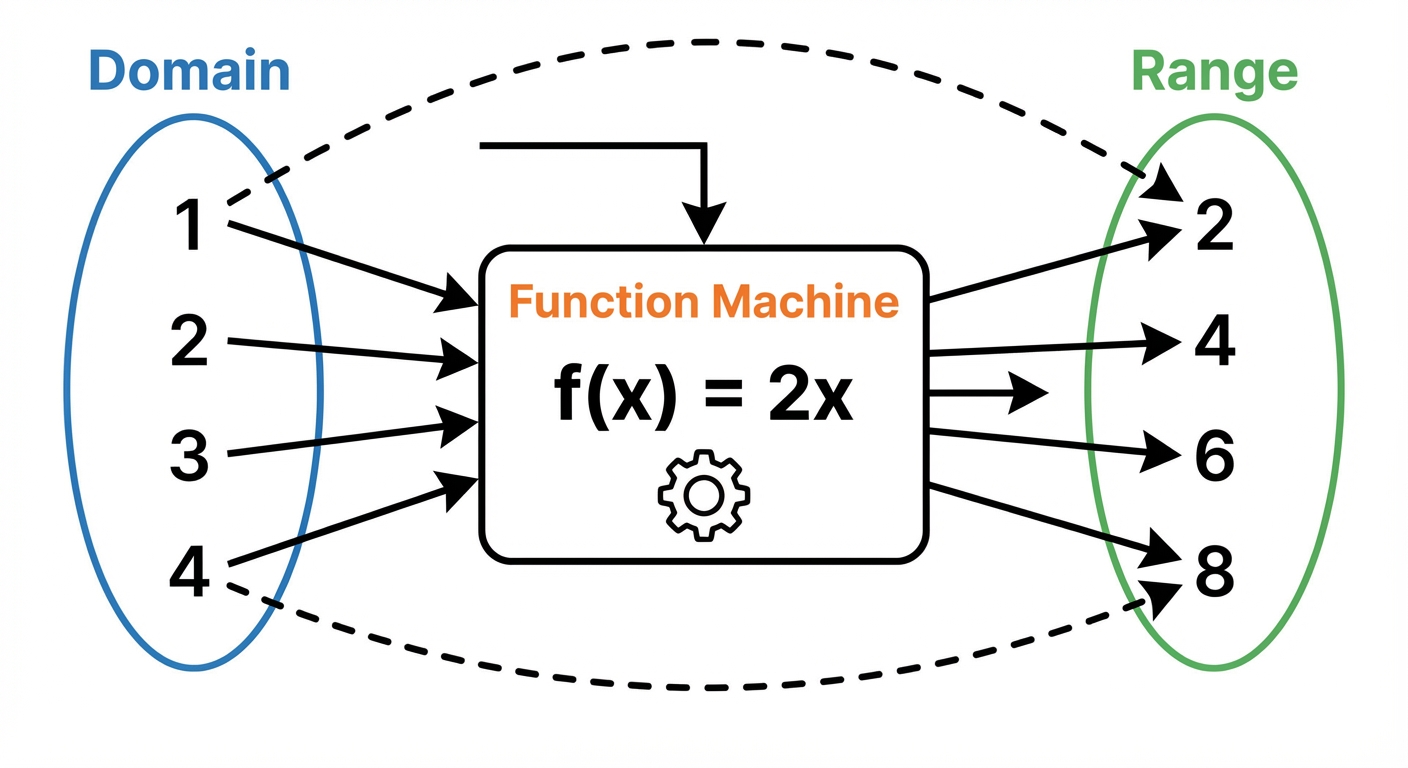 A clear mapping diagram showing a set of numbers as the 'Domain' on the left, arrows pointing to a central box labelled 'Function Machine f(x) = 2x', and a resulting set of numbers as the 'Range' on the right.