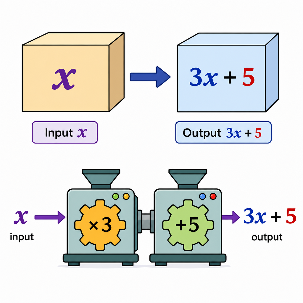 A simple diagram showing a labelled 'mystery box' with 'x' on the outside; beside it a second box labelled '3x + 5' with an arrow showing the input x passing through a '×3' then '+5' machine. Caption: 'Algebra turns rules into reusable machines.'