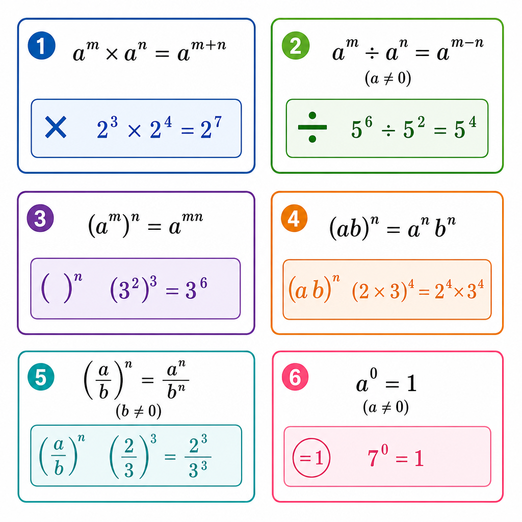 A single reference card titled 'Index Rules Cheat Sheet' with the six rules listed in two columns, each with a colour-coded small example next to it (e.g., $a^m \times a^n = a^{m+n}$  →  $2^3 \times 2^4 = 2^7$).