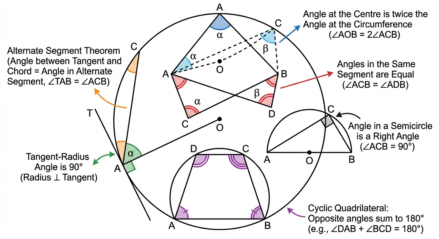 A clear diagram illustrating all major circle theorems: Angle at the Centre/Circumference, Angles in the Same Segment (bowtie shape), Angle in a Semicircle, Cyclic Quadrilateral, Tangent-Radius angle, and the Alternate Segment Theorem.