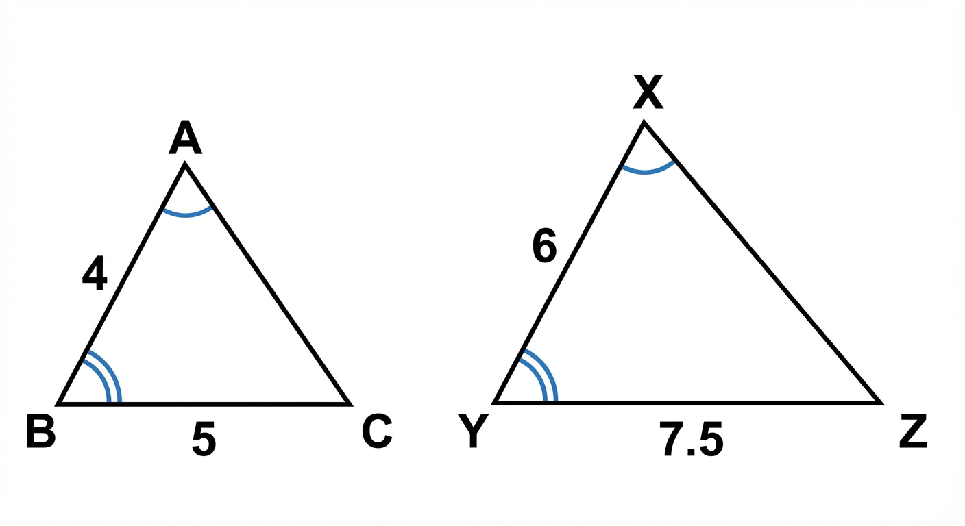 Two similar triangles, ABC and XYZ, side-by-side. Angles A and X are marked with one arc, B and Y with two arcs. Side lengths AB and XY are labelled, as are BC and YZ, showing they are in the same ratio.
