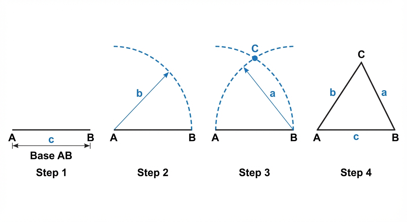 A step-by-step diagram showing the SSS triangle construction. Step 1: Draw base AB. Step 2: Draw an arc from A. Step 3: Draw an arc from B to intersect the first arc at C. Step 4: Join A to C and B to C.