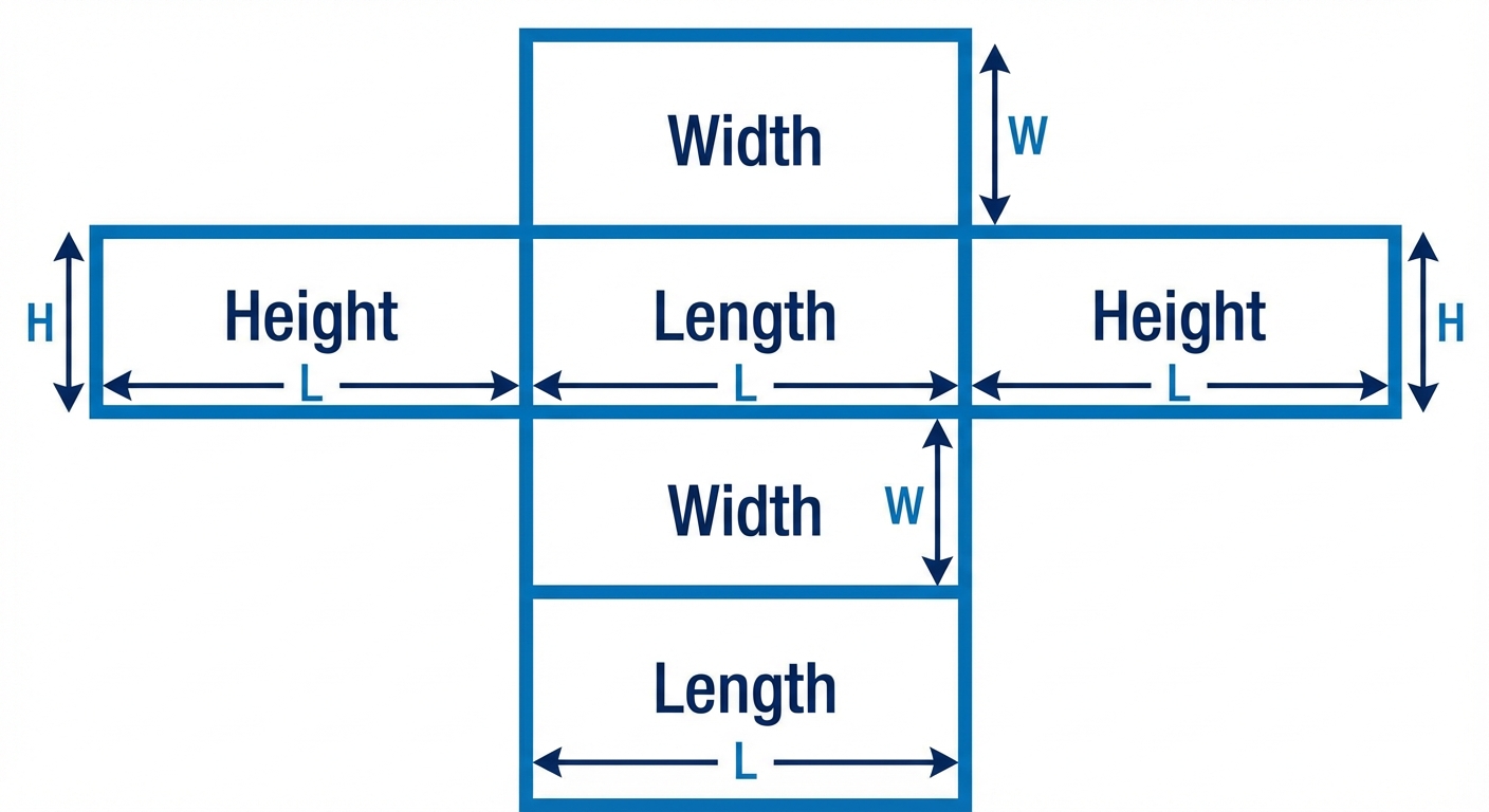 An unfolded net of a cuboid with length, width, and height dimensions clearly labeled on its rectangular faces.
