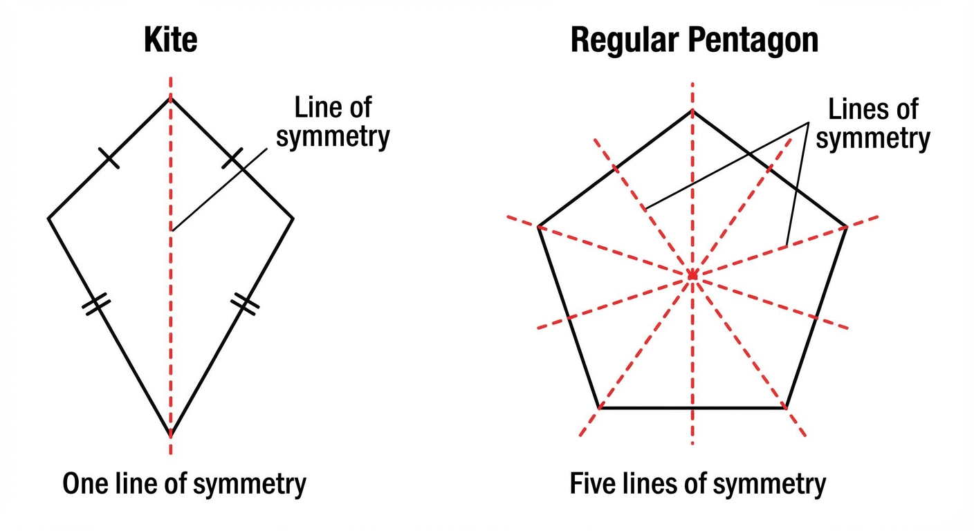 A diagram showing a kite with its single line of symmetry, and a regular pentagon with its five lines of symmetry clearly marked.