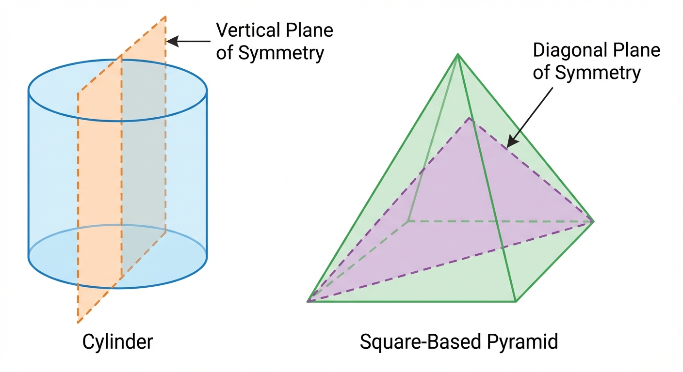 A 3D cylinder showing a vertical plane of symmetry and a square-based pyramid showing a diagonal plane of symmetry.