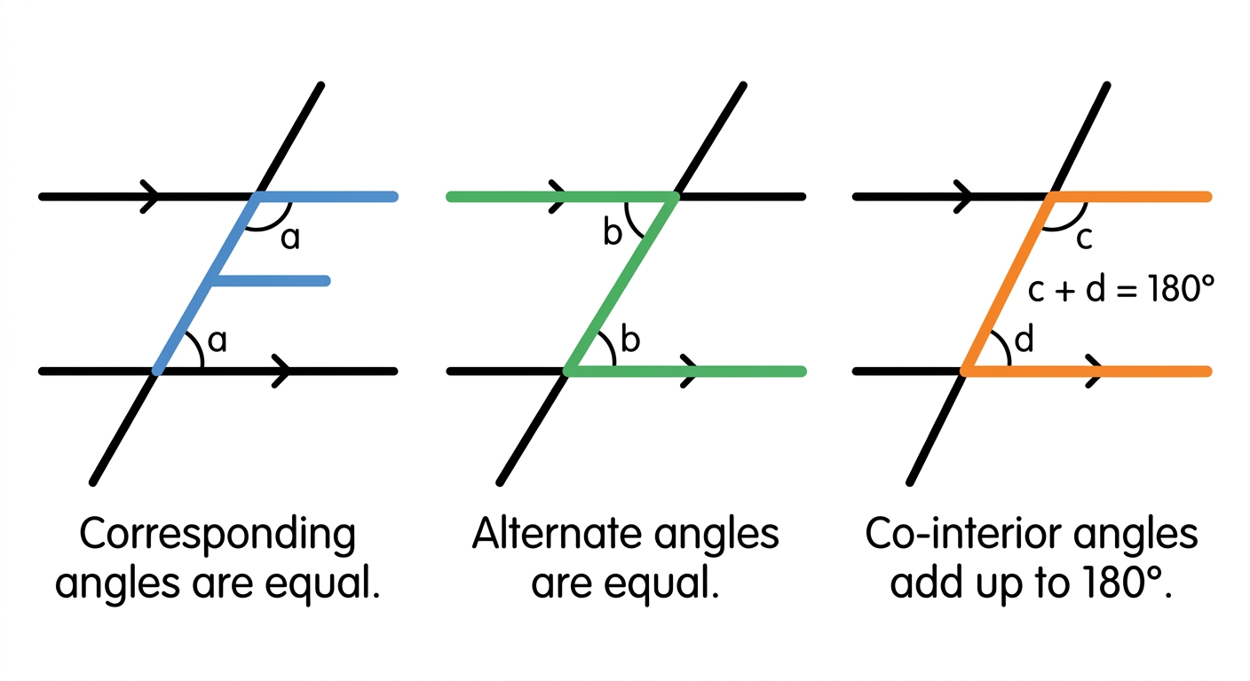 Left section — F shape (Corresponding angles):
Draw a horizontal line. Draw a second horizontal line below it, parallel to the first. Draw a diagonal transversal line cutting through both horizontal lines. Add an angle "a" below the top horizontal line, on the right of the transversal. Add another angle "a" below the bottom horizontal line, also on the right of the transversal. The F shape is formed by the top horizontal line, the transversal, and the bottom horizontal line — do not add any more lines. Highlight these three existing lines in blue to show the F shape. Label underneath: "Corresponding angles are equal."
Middle section — Z shape (Alternate angles):
Draw a horizontal line. Draw a second horizontal line below it, parallel to the first. Draw a diagonal transversal line cutting through both horizontal lines. Add an angle "b" below the top horizontal line, on the left of the transversal. Add another angle "b" above the bottom horizontal line, on the right of the transversal. Create a green Z highlight by tracing along the top horizontal line (from the crossing point going left), down the transversal diagonally to the bottom crossing point, then along the bottom horizontal line (from the crossing point going right). Label underneath: "Alternate angles are equal."
Right section — C shape (Co-interior angles):
Draw a horizontal line. Draw a second horizontal line below it, parallel to the first. Draw a diagonal transversal line cutting through both horizontal lines. Add an angle "c" below the top horizontal line, on the right of the transversal. Add another angle "d" above the bottom horizontal line, on the right of the transversal. Create an orange C highlight by tracing along the top horizontal line (from the crossing point going right), down the transversal to the bottom line, then along the bottom horizontal line (from the crossing point going right). Write "c + d = 180°" between the two angles. Label underneath: "Co-interior angles add up to 180°."
Angle position reference table (use this to place each angle exactly):
ShapeAngleVertical positionRelative to which lineSide of transversalF (Corresponding)aBelowTop horizontal lineRightF (Corresponding)aBelowBottom horizontal lineRightZ (Alternate)bBelowTop horizontal lineLeftZ (Alternate)bAboveBottom horizontal lineRightC (Co-interior)cBelowTop horizontal lineRightC (Co-interior)dAboveBottom horizontal lineRight
Style: Clean white background, thick black lines for all parallel lines and transversals, small arrow marks in the middle of each parallel line pointing right to show they are parallel, coloured highlights (blue, green, orange) clearly forming the letter shapes F, Z, and C. Use small arcs to mark each angle. Labels in a clear, friendly sans-serif font large enough for primary school students to read. All three sections should be the same size and aligned neatly.