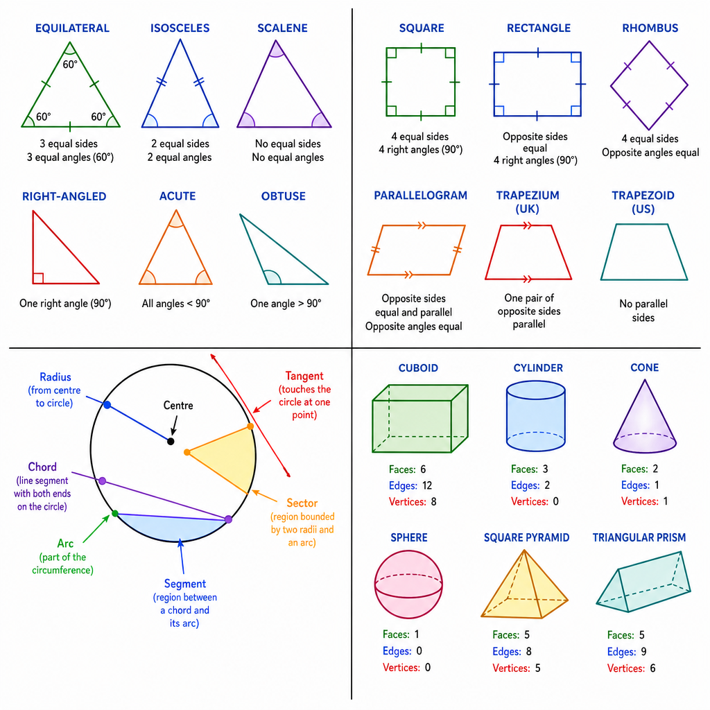 A labelled visual glossary split into four quadrants: (1) triangle types, (2) special quadrilaterals, (3) circle parts (centre, radius, chord, tangent, arc, sector, segment), (4) solids (cuboid, cylinder, cone, sphere, pyramid, prism) each with face/edge/vertex called out.