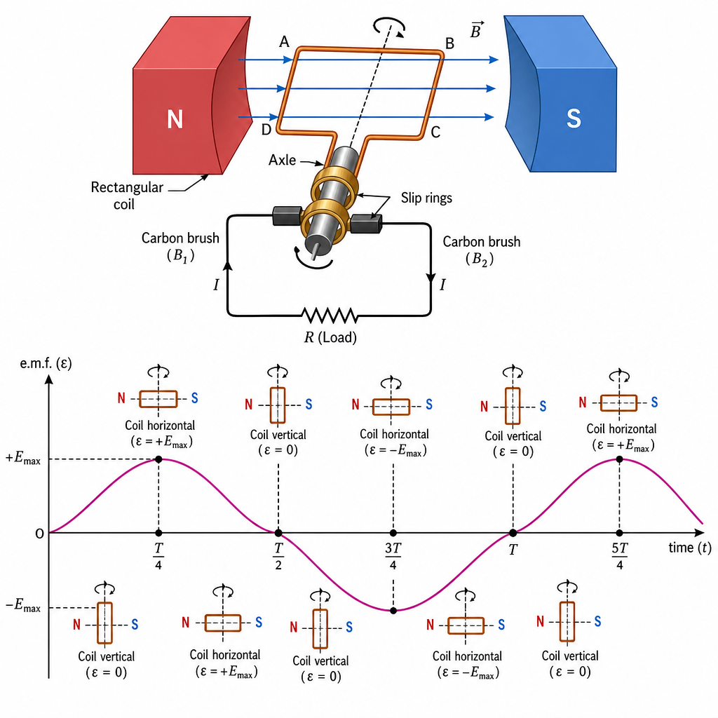 A rectangular coil between the N and S poles of a magnet, mounted on an axle, with two slip rings on the axle each touching a carbon brush leading to the external circuit. Beside it, a sine graph of "e.m.f." against "time" showing peaks when the coil