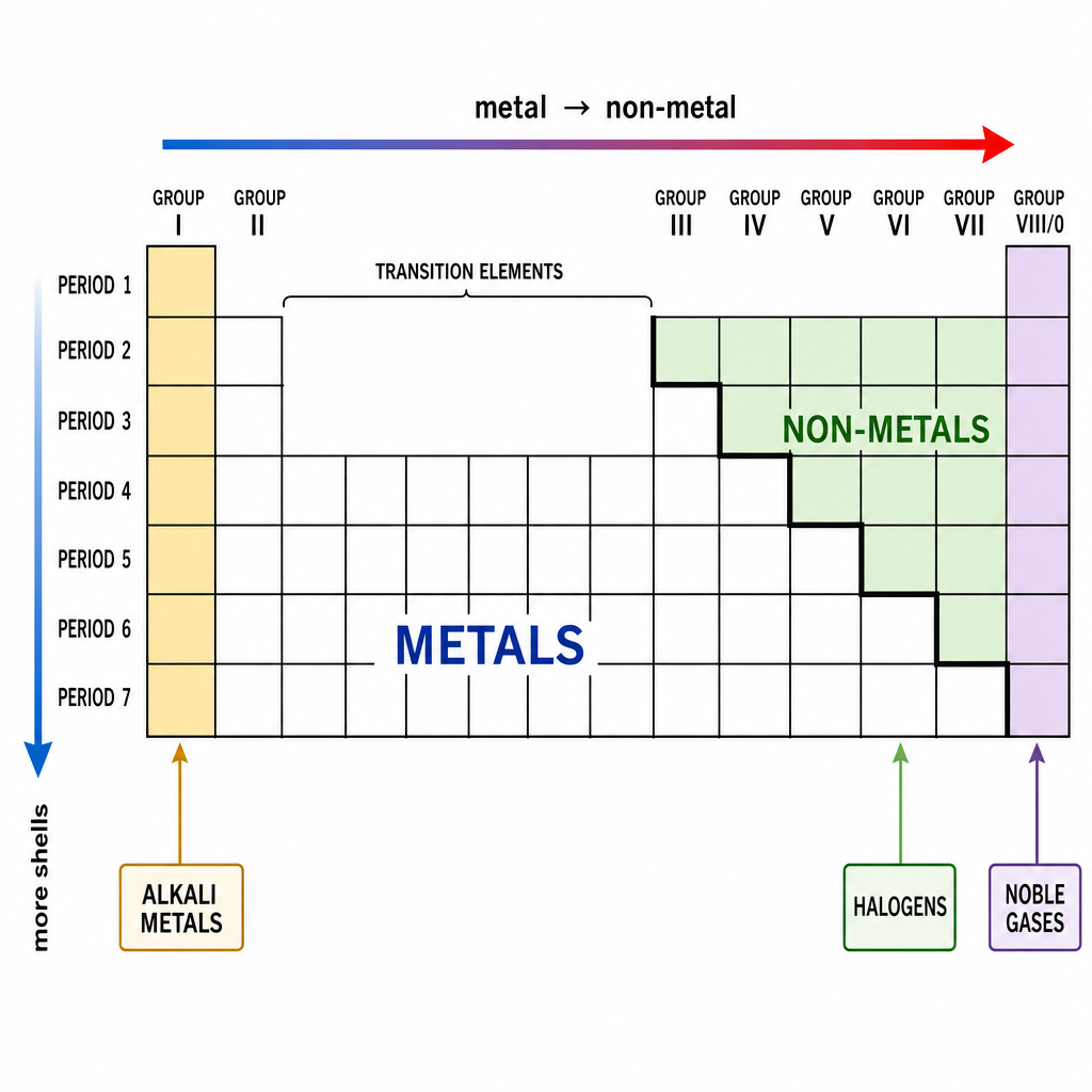 A simple labelled Periodic Table outline, black-on-white. A rectangular grid with the main columns labelled Group I, Group II, a central block labelled "transition elements", then Groups III to VII and Group VIII/0 on the far right. Rows labelled Per
