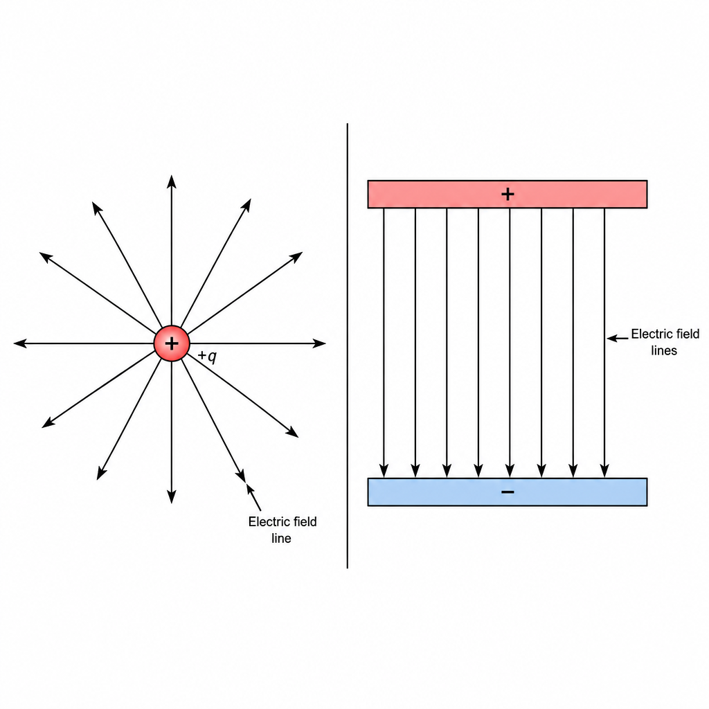 Two labelled panels. Left panel "Point charge": a small positive sphere with straight field lines radiating outward in all directions, arrowheads pointing away. Right panel "Parallel plates": two horizontal plates, top labelled + and bottom labelled 
