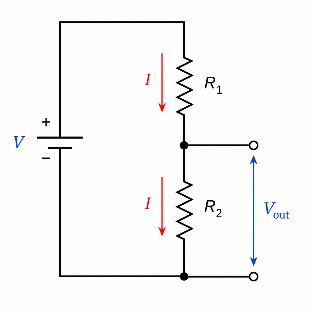 A potential divider circuit. A cell of e.m.f. $V$ connected across two resistors in series, upper resistor labelled $R_1$ and lower resistor labelled $R_2$. The output voltage $V_\text{out}$ is taken across $R_2$ (two terminals marked at the junction