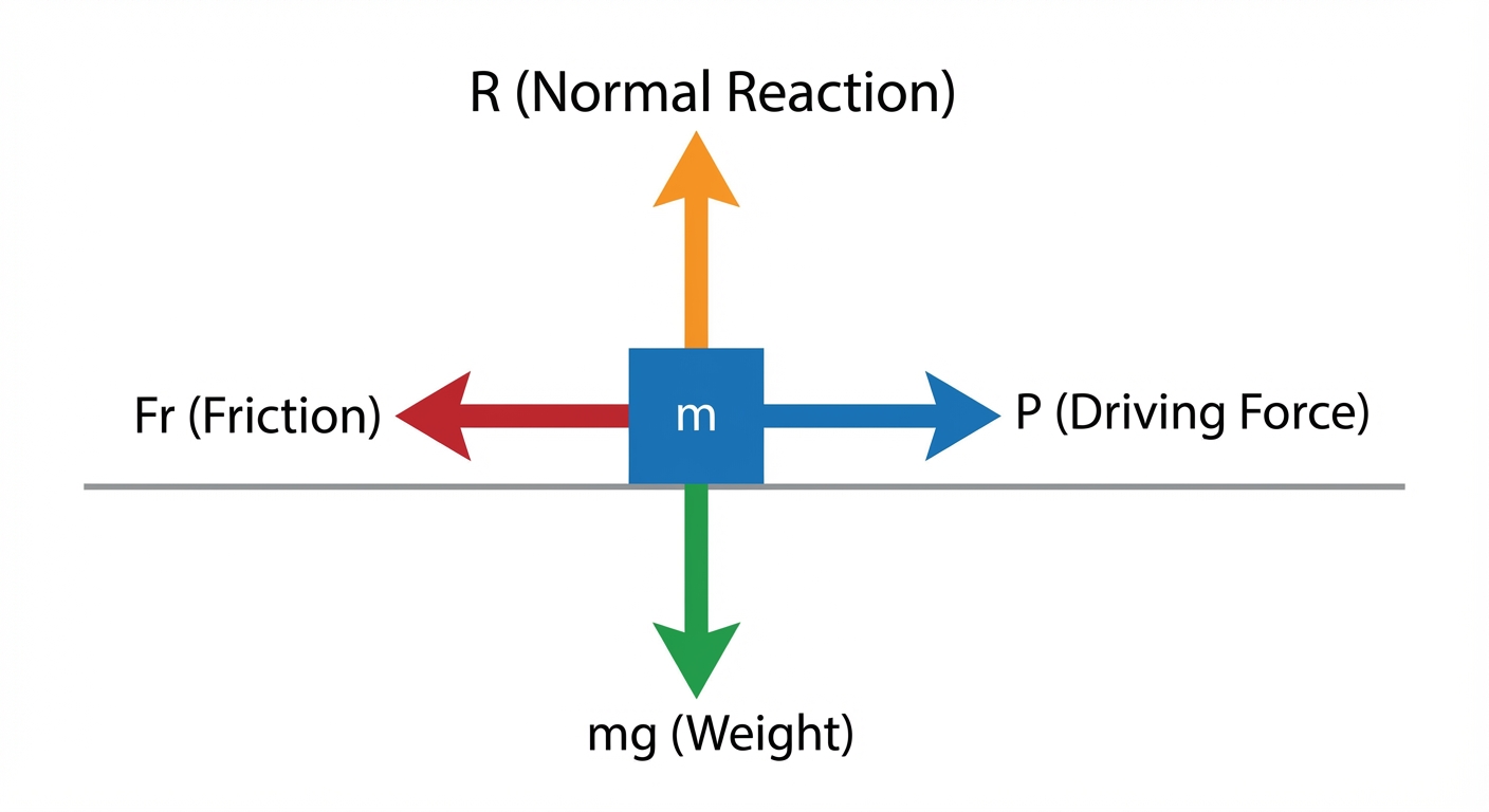A clear free-body diagram of a particle on a horizontal surface. Arrows indicate a driving force (P), friction (Fr), weight (mg), and normal reaction (R). All forces are clearly labelled.