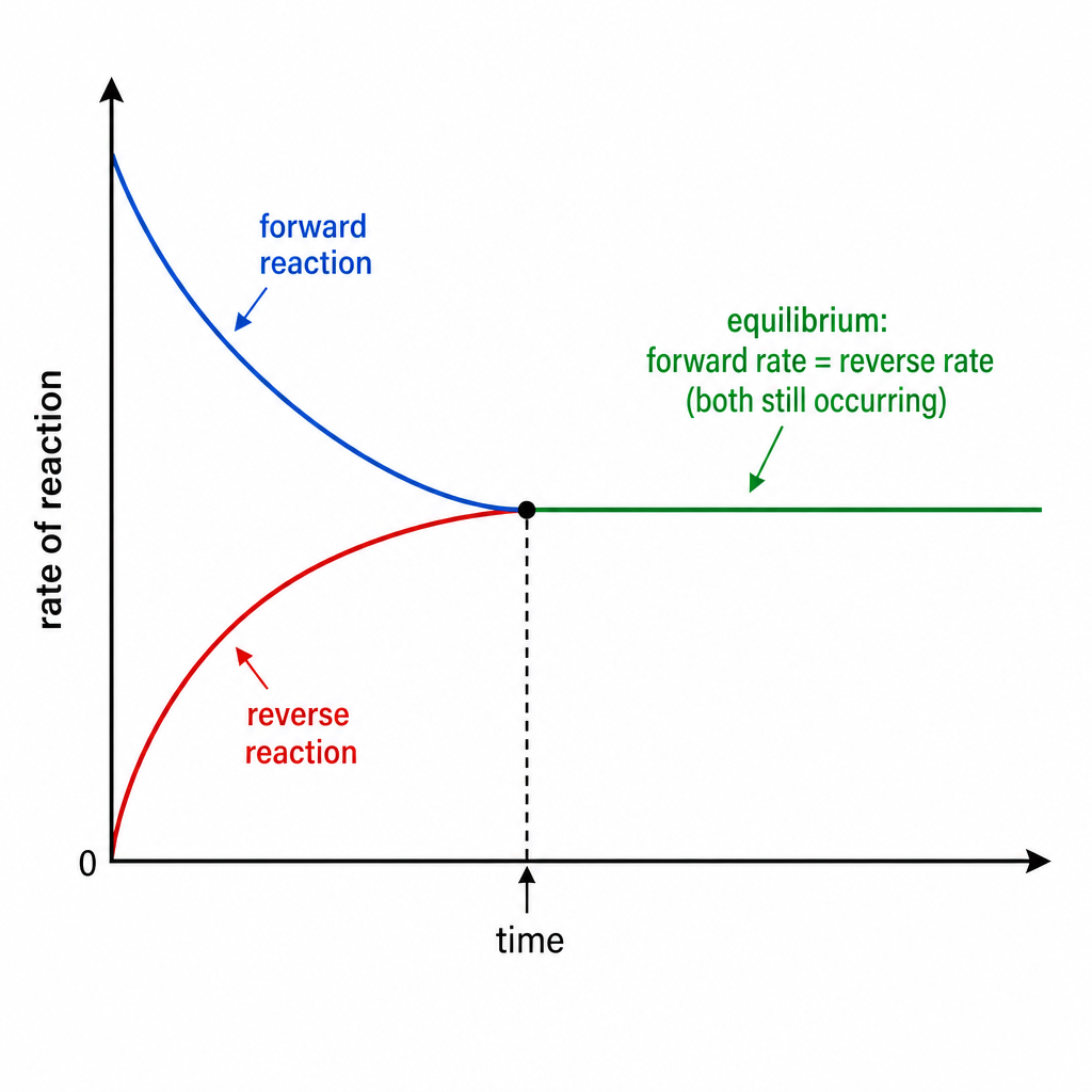 A rate-against-time line graph showing a reversible reaction reaching dynamic equilibrium. Vertical axis "rate of reaction", horizontal axis "time". One curve labelled "forward reaction" starts high and falls; a second curve labelled "reverse reactio
