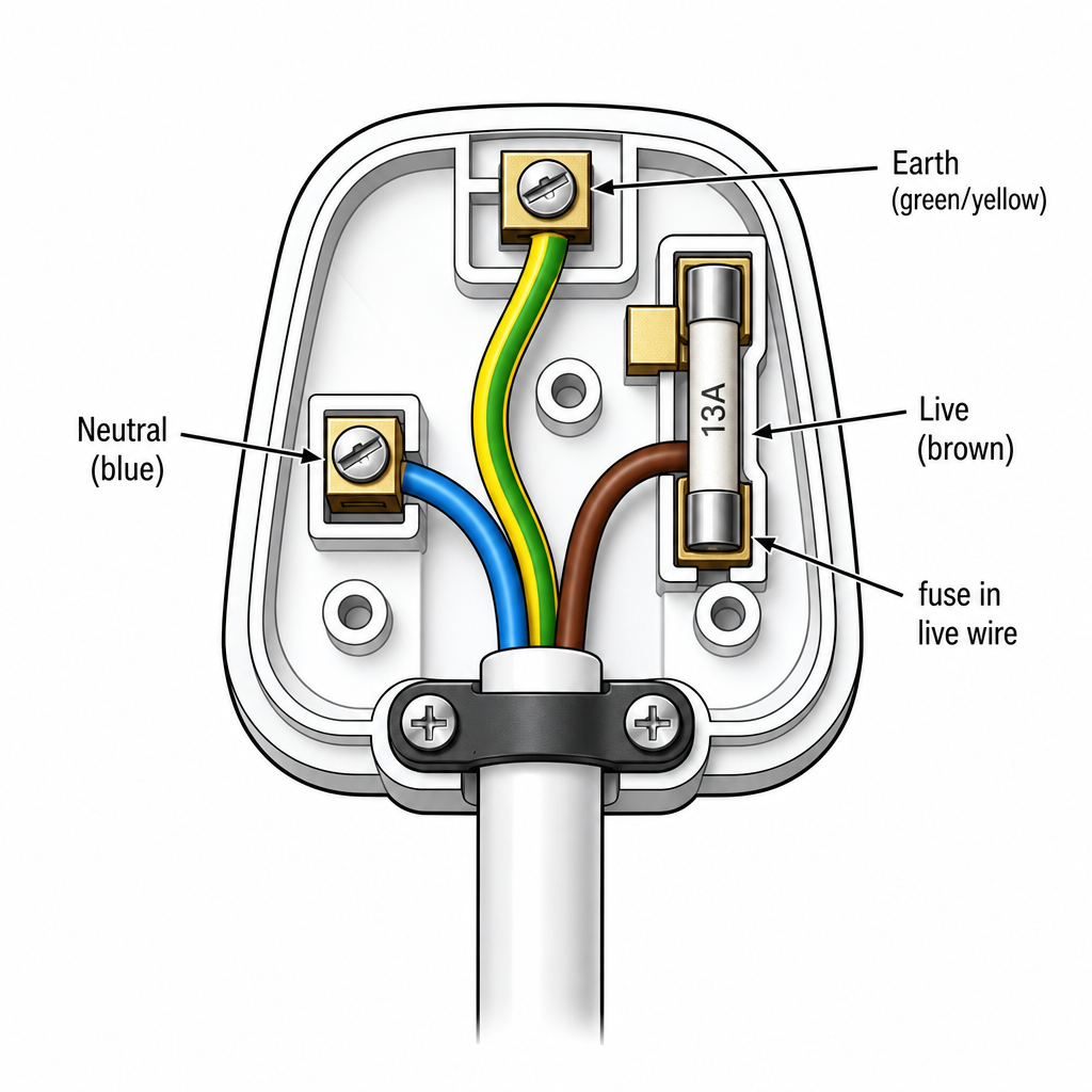 A labelled UK three-pin plug shown opened. Three pins labelled: top "Earth (green/yellow)", bottom-left "Neutral (blue)", bottom-right "Live (brown)". A fuse is drawn in the live wire between the live pin and the cable, labelled "fuse in live wire". 