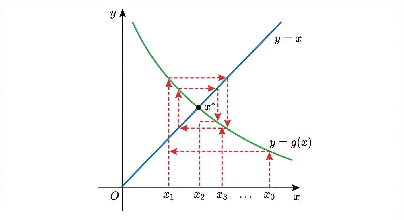 A cobweb diagram showing the values of x_n getting closer and closer to the intersection point of the graphs y=x and y=g(x).