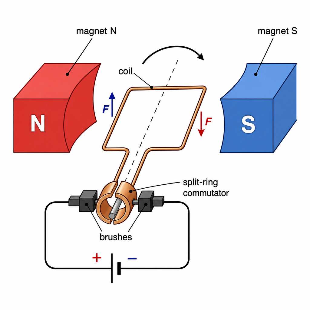 A simple d.c. motor diagram. A rectangular coil sits between the N and S poles of a magnet. The coil connects to a split-ring commutator with two brushes touching it, wired to a cell. Force arrows show one side of the coil pushed up and the other pus