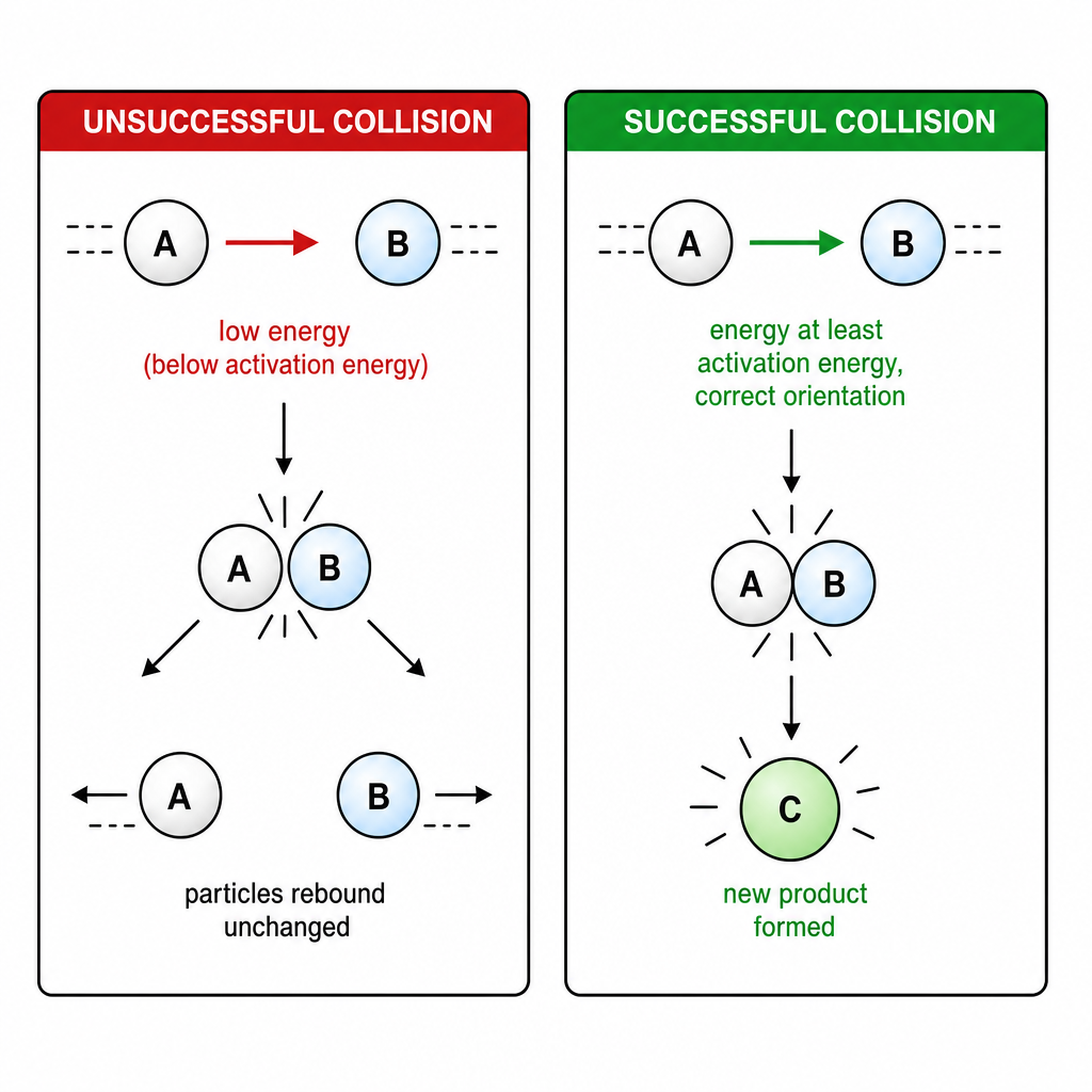 A collision-theory schematic with two labelled panels side by side. Left panel "UNSUCCESSFUL COLLISION": two particles approaching with a small arrow labelled "low energy (below activation energy)", shown rebounding apart unchanged. Right panel "SUCC