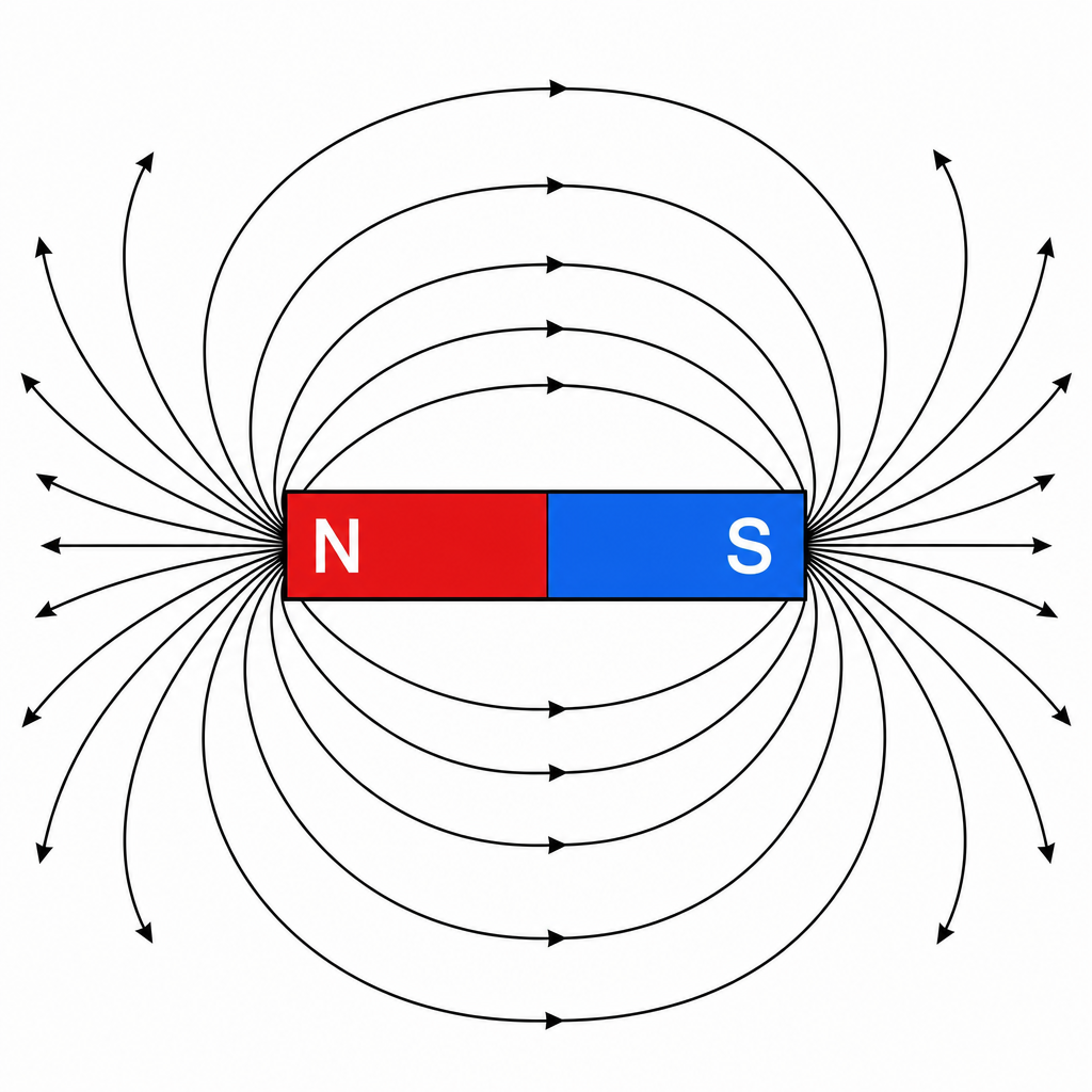 A bar magnet shown horizontally with the left half labelled "N" and the right half labelled "S". Smooth curved magnetic field lines emerge from the N pole, arc outward over and under the magnet, and curve back into the S pole, with small arrowheads o