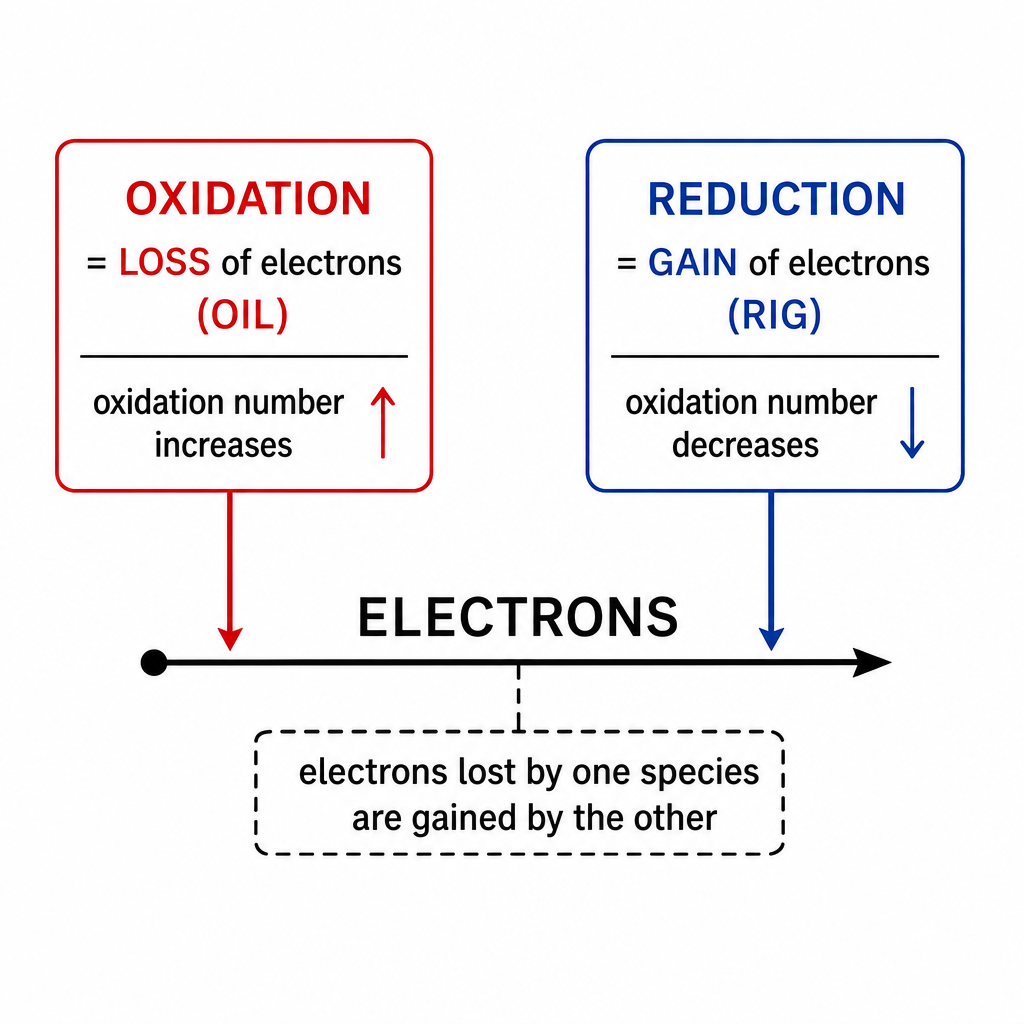 A simple labelled summary diagram for redox in terms of electrons. A central horizontal line labelled "ELECTRONS" with two arrows. One arrow points to a box reading "OXIDATION = LOSS of electrons (OIL), oxidation number increases". The other points t