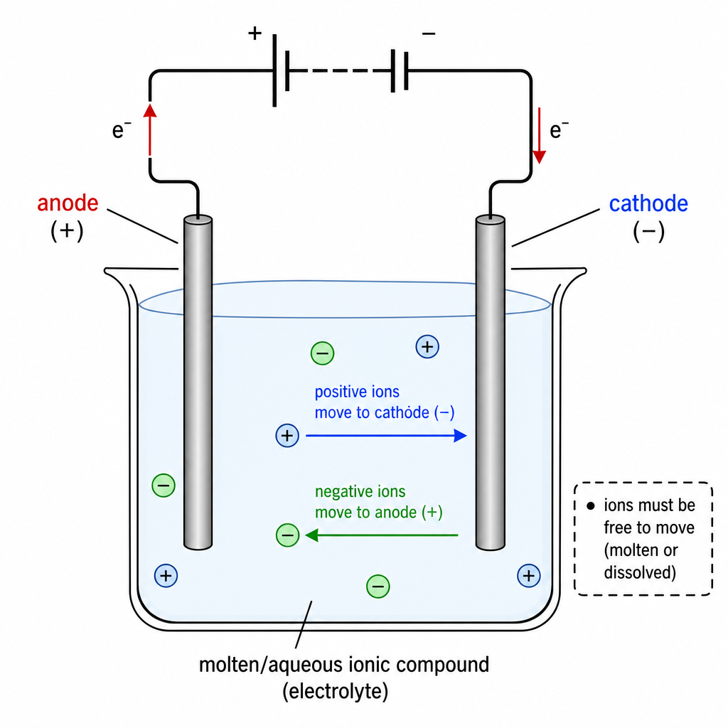 A simple labelled electrolysis cell. A beaker holds "molten/aqueous ionic compound (electrolyte)" with two rods dipping in, connected by wires to a battery. Left rod labelled "anode (+)", right rod labelled "cathode (−)". Inside the liquid: an arrow 