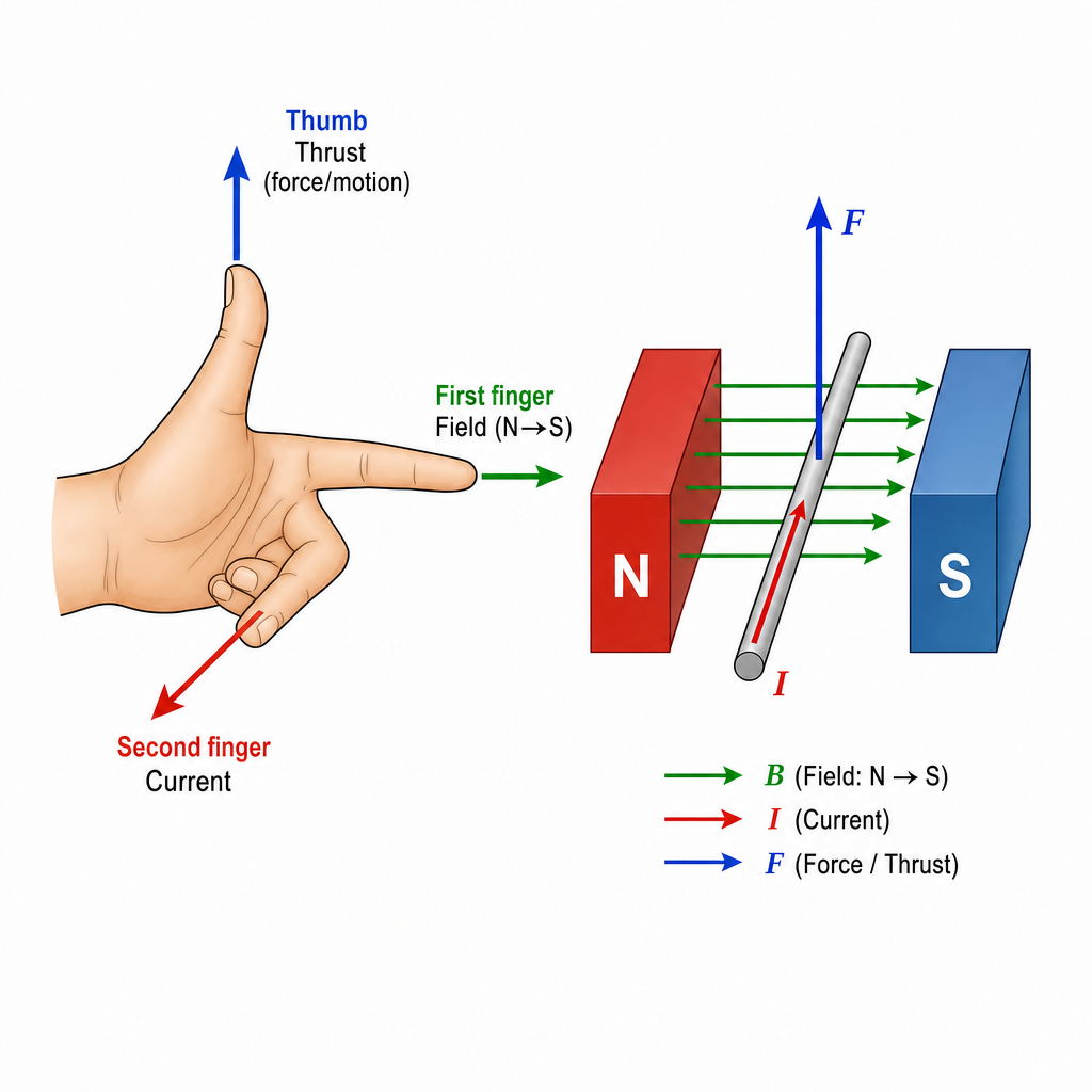 A 3D diagram of Fleming's left-hand rule: a left hand with thumb, first finger and second finger held mutually perpendicular, each labelled — thumb "Thrust (force/motion)", first finger "Field (N→S)", second finger "Current". Beside it, a wire carryi