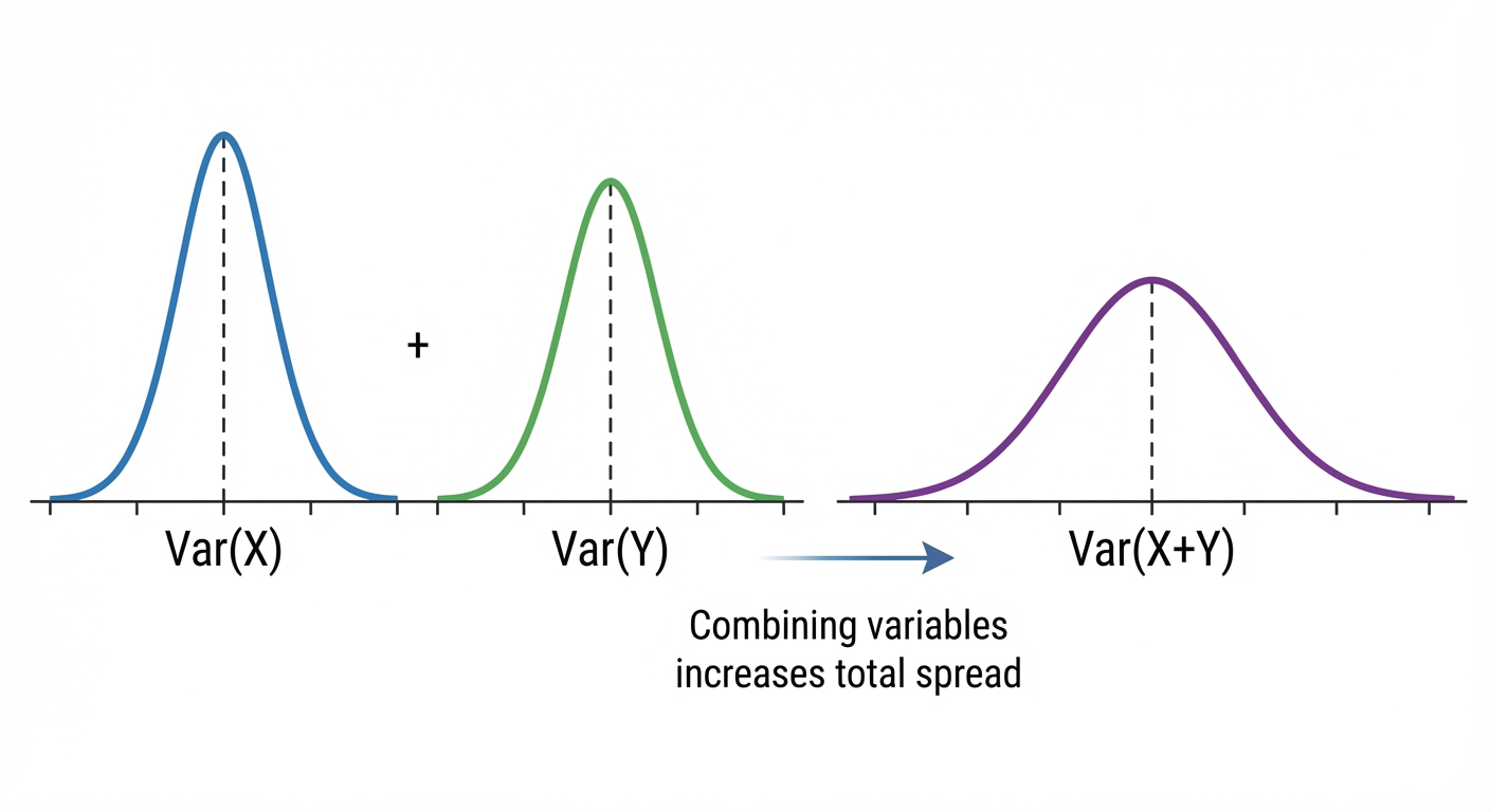A diagram showing two separate, moderately wide bell curves for Var(X) and Var(Y). A third bell curve for Var(X+Y) is shown to their right, which is visibly wider than the other two, illustrating that combining variables increases the total spread.