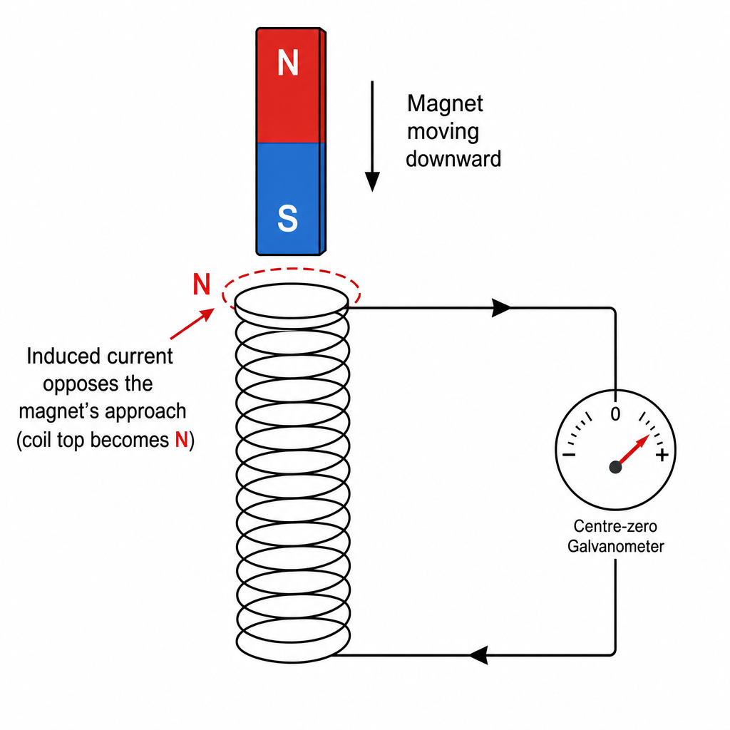 A bar magnet (N pole leading) moving downward into a vertical coil of wire connected to a centre-zero galvanometer. An arrow shows the magnet's downward motion. The galvanometer needle deflects. A label notes "induced current opposes the magnet's app