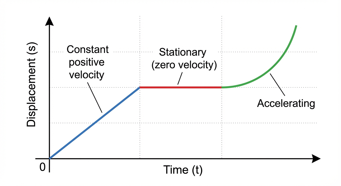 A displacement-time graph with three sections: a straight positive slope labelled 'Constant positive velocity', a horizontal line labelled 'Stationary (zero velocity)', and a curve getting steeper labelled 'Accelerating'.<br><br>Now for the main even