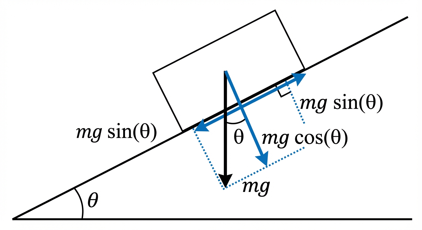 A clear diagram of a block on a plane inclined at angle . The weight vector is shown acting vertically down. Dotted lines show this vector being resolved into two perpendicular components: one labelled '' acting perpendicular to and into the plane, a