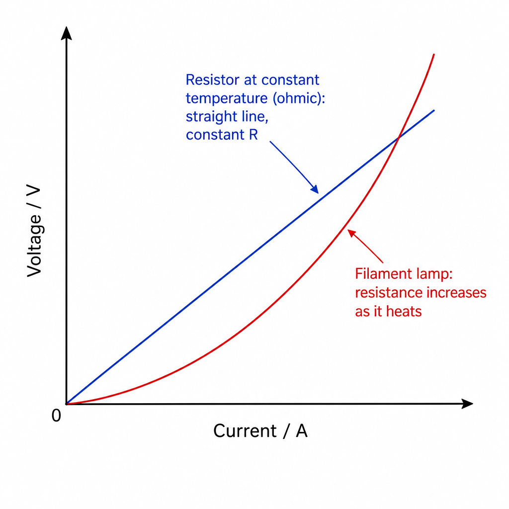 A current-voltage graph. Horizontal axis labelled "Current / A", vertical axis labelled "Voltage / V". A straight line through the origin rising to the upper right is labelled "Resistor at constant temperature (ohmic): straight line, constant R". A s