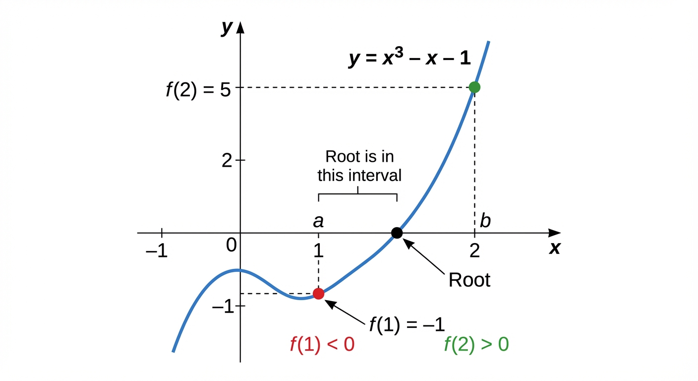 A graph of a continuous function like y=x^3 - x - 1. Point a=1 is marked on the x-axis, with f(1) being negative. Point b=2 is marked, with f(2) being positive. The curve is shown smoothly crossing the x-axis between 1 and 2, indicating the location 