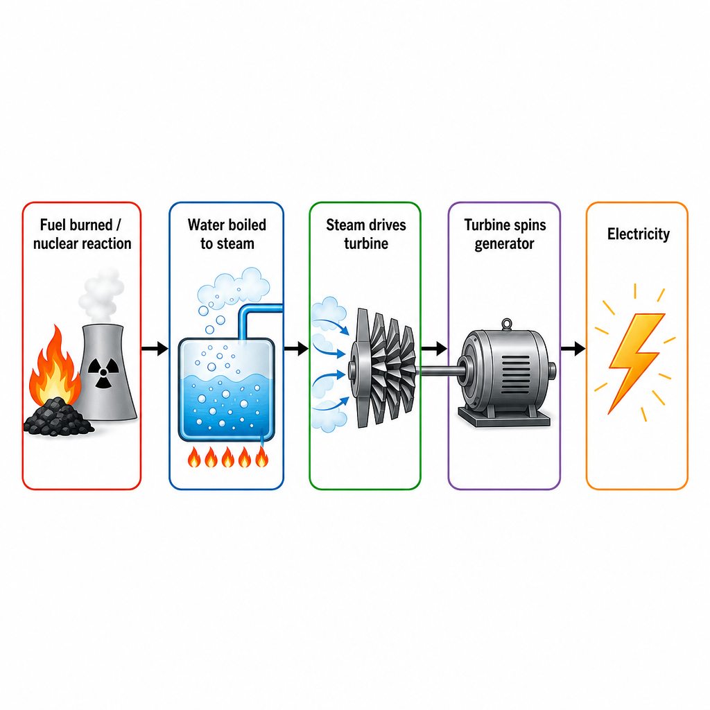 A simple block-flow diagram of a thermal power station. Boxes left to right with arrows: "Fuel burned / nuclear reaction" then "Water boiled to steam" then "Steam drives turbine" then "Turbine spins generator" then "Electricity". Clean technical flow