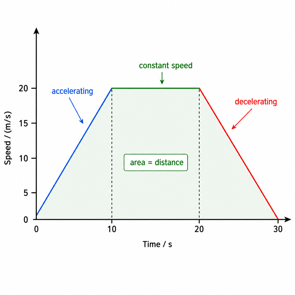 A speed-time graph. Vertical axis "Speed / (m/s)" 0 to 20, horizontal axis "Time / s" 0 to 30. The line rises straight from the origin to (10, 20) labelled "accelerating", runs flat from (10,20) to (20,20) labelled "constant speed", then falls straig