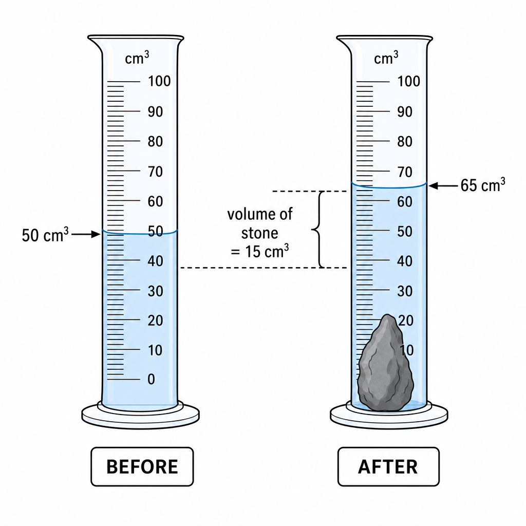 A measuring cylinder displacement method, two panels. Left panel: cylinder with water at the 50 cm³ mark, labelled "before". Right panel: same cylinder with an irregular stone submerged and water risen to 65 cm³, labelled "after". A bracket between t