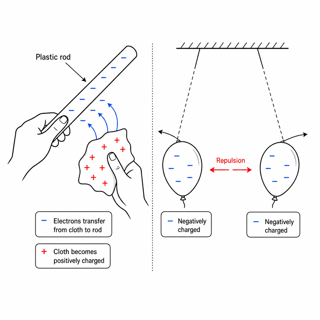 Two simple diagrams side by side. Left: a plastic rod being rubbed by a cloth, with small "-" symbols transferring from the cloth onto the rod and small "+" symbols left on the cloth, labelled "Friction transfers electrons". Right: two hanging charge