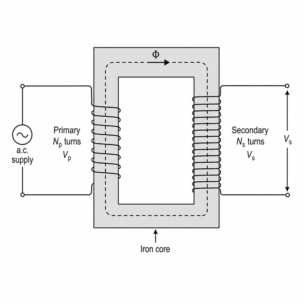 A transformer diagram. A rectangular iron core (drawn as a hollow rectangle) with a primary coil of several turns wound on the left limb labelled "Primary, Np turns, Vp" connected to an a.c. supply symbol, and a secondary coil with more turns on the