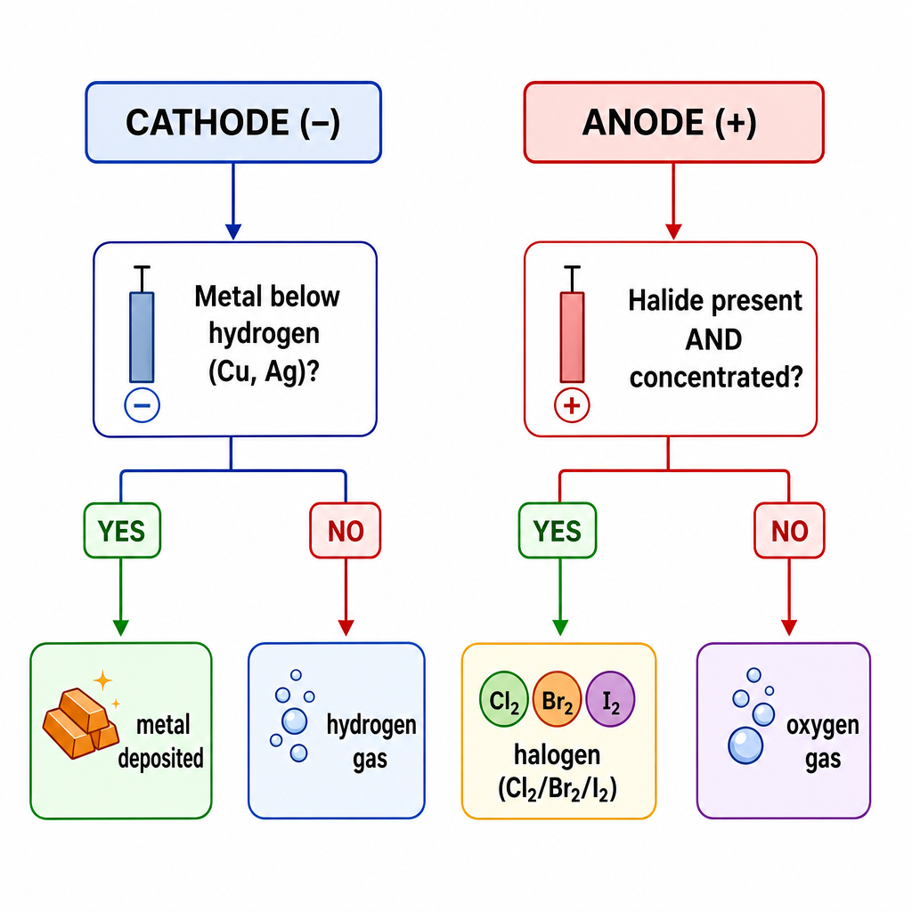 A two-branch decision flowchart titled "Predicting products in solution". LEFT column "CATHODE (−)": box "Metal below hydrogen (Cu, Ag)?" → YES "metal deposited", NO "hydrogen gas". RIGHT column "ANODE (+)": box "Halide present AND concentrated?" → Y