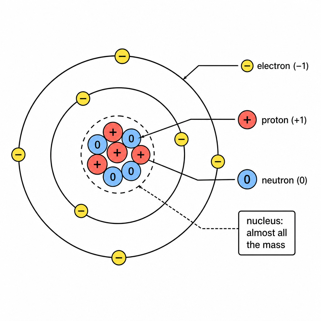 A simple labelled atom diagram titled "Inside the atom". A central nucleus with two kinds of circle labelled "protons (+1)" and "neutrons (0)", and two rings of dots labelled "electrons (-1)". A note on the nucleus: "almost all the mass". Clean black