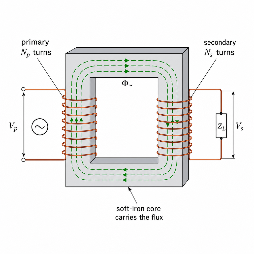 A transformer schematic. A rectangular soft-iron core with a primary coil of $N_p$ turns wound on the left limb connected to an a.c. supply $V_p$, and a secondary coil of $N_s$ turns wound on the right limb connected to a load $V_s$. Curved arrows in