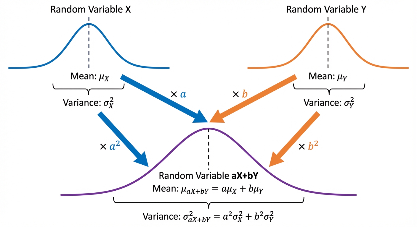 A diagram showing two bell curves for X and Y. Arrows combine their means to form the mean of a new, third bell curve for aX+bY. Another set of arrows show how their variances (with a^2 and b^2 multipliers) add up to create the variance of the new cu