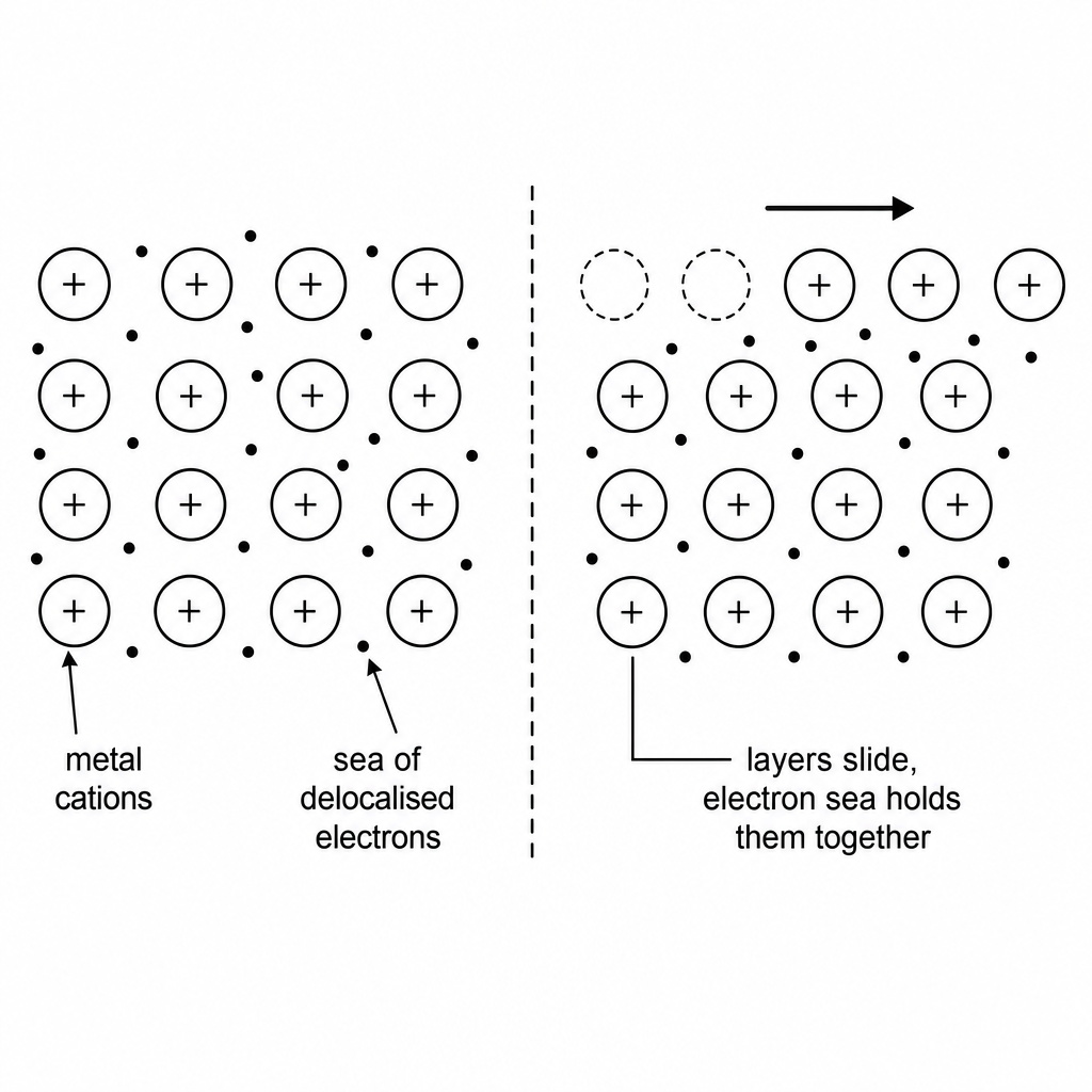 A simple two-part metallic-bonding diagram, black-on-white. Left part labelled "metallic bonding": rows of circles marked "+" with small dots between them labelled "sea of delocalised electrons". Right part labelled "bending": the same rows with the 